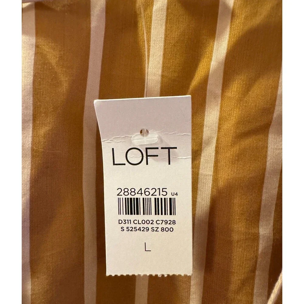 NWT LOFT Mustard White Striped Tie Front Peplum Top Sz L Coastal Resort Boho